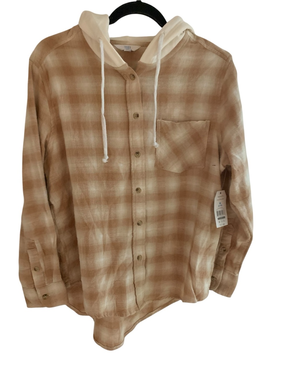 Unisex Hooded Plaid Button-Up Shirt - Tan Cream